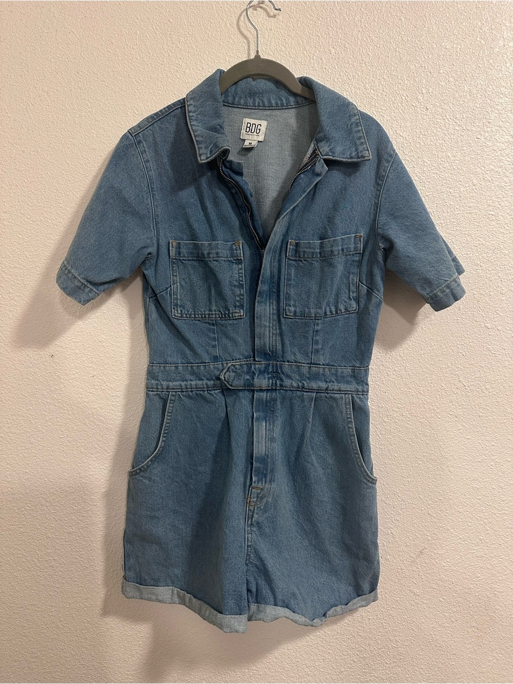 BDG Women’s Blue Denim Romper Short Sleeve Zip Front Pockets Collared Size M